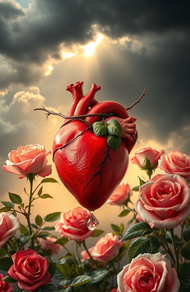 An emotional fusion of pain and love, visually represented by a heart being pierced by a thorny vine, surrounded by blooming roses that symbolize beauty and love