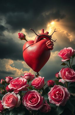 An emotional fusion of pain and love, visually represented by a heart being pierced by a thorny vine, surrounded by blooming roses that symbolize beauty and love