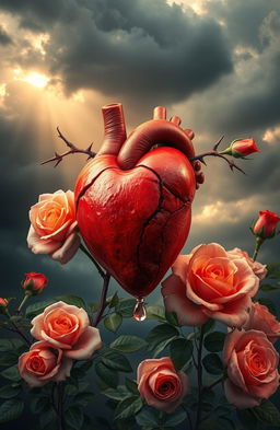 An emotional fusion of pain and love, visually represented by a heart being pierced by a thorny vine, surrounded by blooming roses that symbolize beauty and love