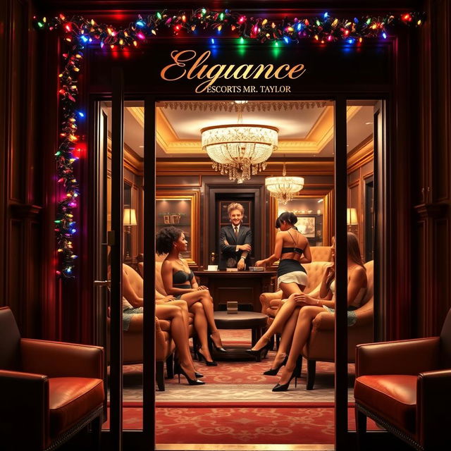 A ritzy office door featuring a sophisticated nameplate that reads "Elegance Escorts Mr