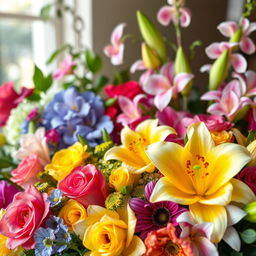 A beautifully intricate floral arrangement featuring vibrant colors, soft petals, and an assortment of flowers like roses, orchids, and lilies