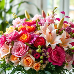 A beautifully intricate floral arrangement featuring vibrant colors, soft petals, and an assortment of flowers like roses, orchids, and lilies