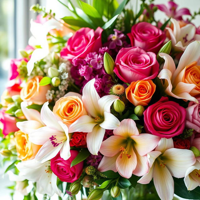 A beautifully intricate floral arrangement featuring vibrant colors, soft petals, and an assortment of flowers like roses, orchids, and lilies