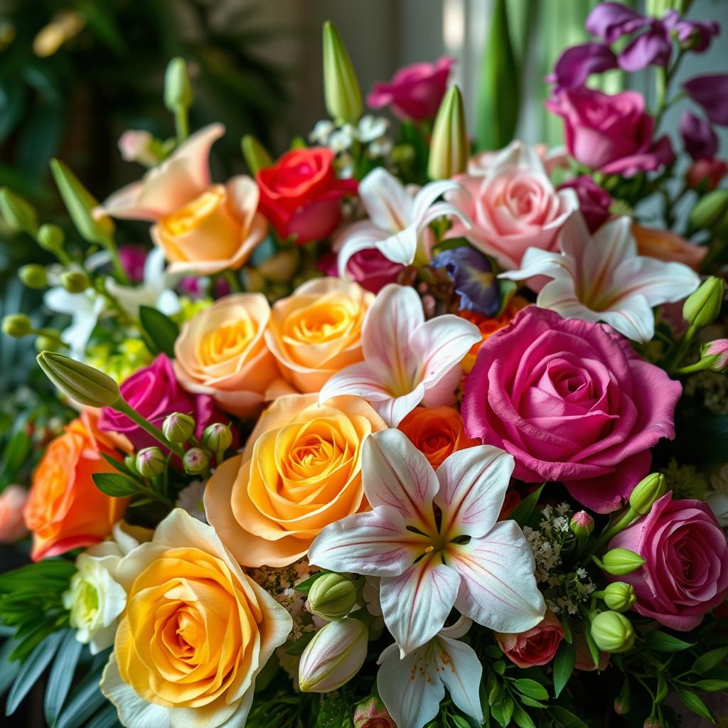 A beautifully intricate floral arrangement featuring vibrant colors, soft petals, and an assortment of flowers like roses, orchids, and lilies