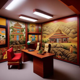 A moderately decorated chief's office on a campus with a Nepali theme. The office should feature cool colors, wall pictures showcasing Nepali culture and a simple interior design.