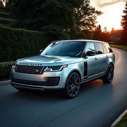 A sleek and elegant Range Rover Vogue SE parked in a luxurious setting, surrounded by lush greenery and a stunning sunset in the background