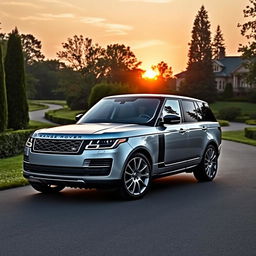 A sleek and elegant Range Rover Vogue SE parked in a luxurious setting, surrounded by lush greenery and a stunning sunset in the background