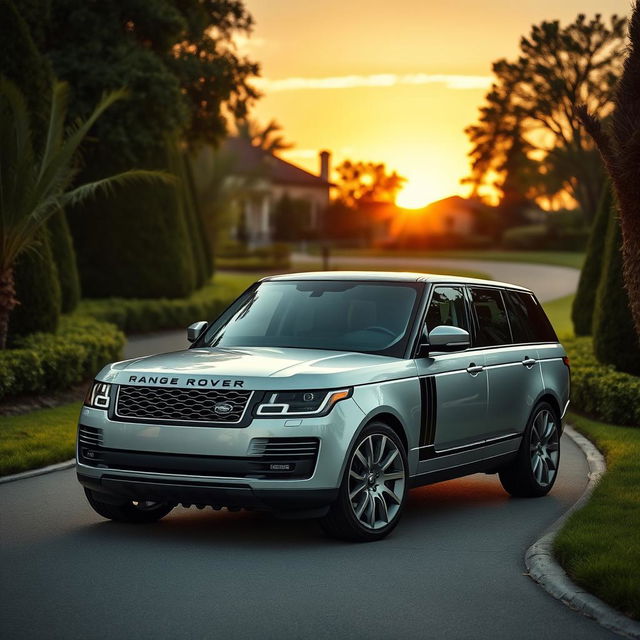 A sleek and elegant Range Rover Vogue SE parked in a luxurious setting, surrounded by lush greenery and a stunning sunset in the background