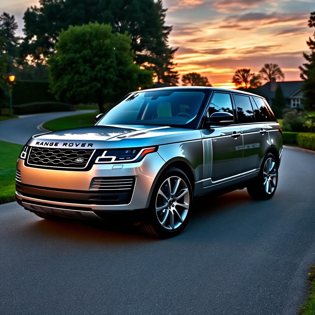 A sleek and elegant Range Rover Vogue SE parked in a luxurious setting, surrounded by lush greenery and a stunning sunset in the background