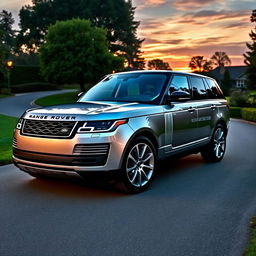 A sleek and elegant Range Rover Vogue SE parked in a luxurious setting, surrounded by lush greenery and a stunning sunset in the background