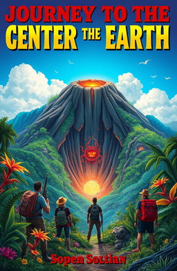 An imaginative and adventurous book cover for "Journey to the Center of the Earth" featuring a vibrant landscape with a massive dormant volcano at the center, surrounded by lush greenery and exotic plants