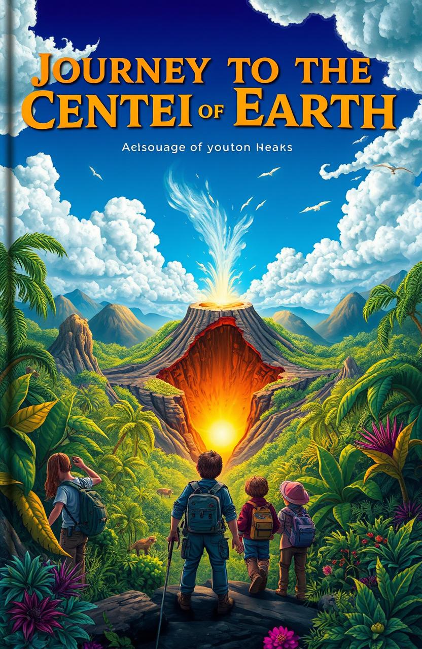 An imaginative and adventurous book cover for "Journey to the Center of the Earth" featuring a vibrant landscape with a massive dormant volcano at the center, surrounded by lush greenery and exotic plants