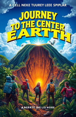 An imaginative and adventurous book cover for "Journey to the Center of the Earth" featuring a vibrant landscape with a massive dormant volcano at the center, surrounded by lush greenery and exotic plants