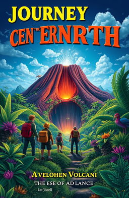 An imaginative and adventurous book cover for "Journey to the Center of the Earth" featuring a vibrant landscape with a massive dormant volcano at the center, surrounded by lush greenery and exotic plants