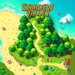 A vibrant game map inspired by the style of Stardew Valley, featuring a whimsical beach and lush forest