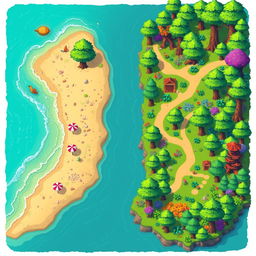 A vibrant game map inspired by the style of Stardew Valley, featuring a whimsical beach and lush forest