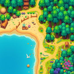 A vibrant game map inspired by the style of Stardew Valley, featuring a whimsical beach and lush forest