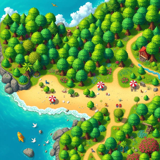 A vibrant game map inspired by the style of Stardew Valley, featuring a whimsical beach and lush forest