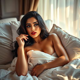 A glamorous actress resembling Kiara Advani, lounging sensually in a luxurious bed with soft sheets