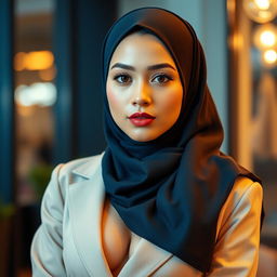 A stylish young woman wearing a fashionable hijab, exuding confidence and grace