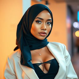 A stylish young woman wearing a fashionable hijab, exuding confidence and grace