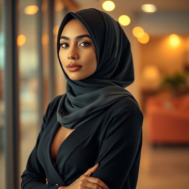 A stylish young woman wearing a fashionable hijab, exuding confidence and grace