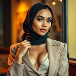A stylish young woman wearing a fashionable hijab, exuding confidence and grace