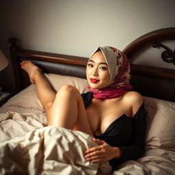 A beautiful Thai woman wearing a colorful hijab, lying gracefully in bed