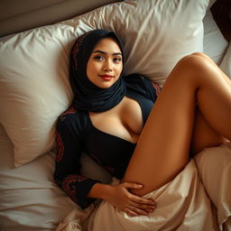 A beautiful Thai woman wearing a colorful hijab, lying gracefully in bed
