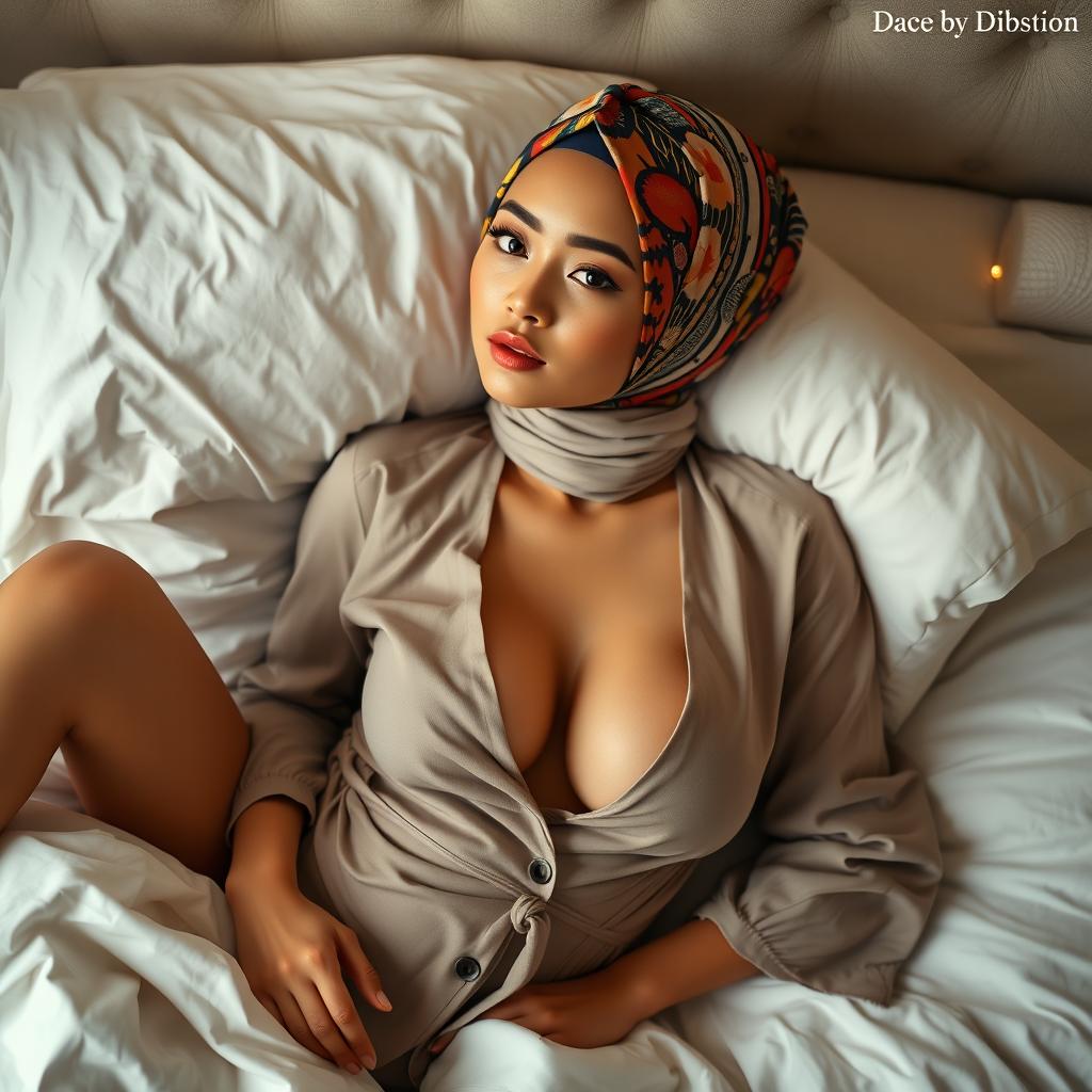 A beautiful Thai woman wearing a colorful hijab, lying gracefully in bed