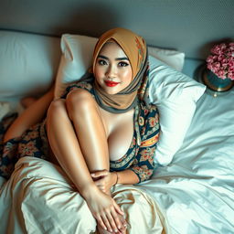 A beautiful Thai woman wearing a colorful hijab, lying gracefully in bed