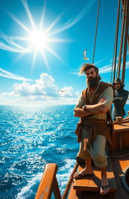 A vibrant afternoon scene featuring Nadir, a rugged sailor with weathered skin and a confident, adventurous expression