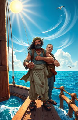 A vibrant afternoon scene featuring Nadir, a rugged sailor with weathered skin and a confident, adventurous expression