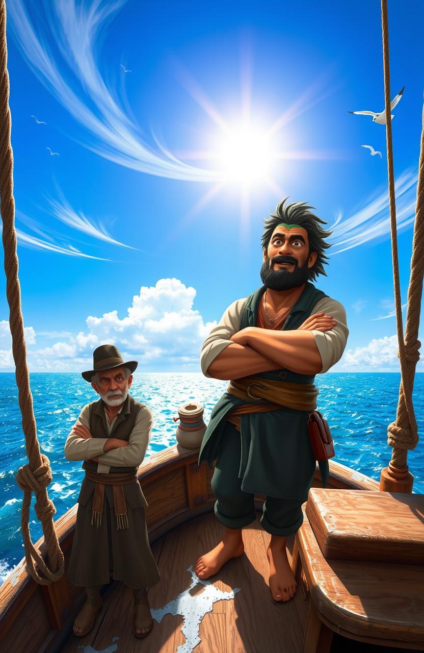 A vibrant afternoon scene featuring Nadir, a rugged sailor with weathered skin and a confident, adventurous expression