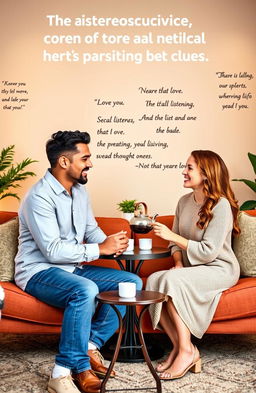 A visual representation of effective communication skills in relationships, depicting a diverse couple engaged in a heartfelt conversation, sitting across from each other with warm smiles, surrounded by an inviting atmosphere filled with soft lighting and cozy furniture