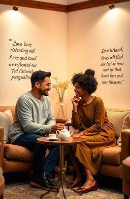 A visual representation of effective communication skills in relationships, depicting a diverse couple engaged in a heartfelt conversation, sitting across from each other with warm smiles, surrounded by an inviting atmosphere filled with soft lighting and cozy furniture