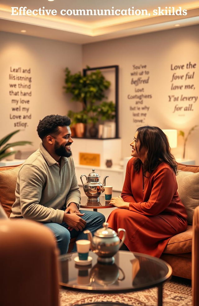 A visual representation of effective communication skills in relationships, depicting a diverse couple engaged in a heartfelt conversation, sitting across from each other with warm smiles, surrounded by an inviting atmosphere filled with soft lighting and cozy furniture