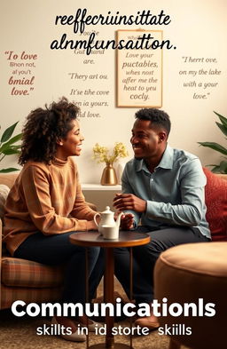 A visual representation of effective communication skills in relationships, depicting a diverse couple engaged in a heartfelt conversation, sitting across from each other with warm smiles, surrounded by an inviting atmosphere filled with soft lighting and cozy furniture