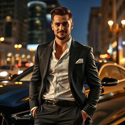 A visually striking portrayal of a confident man exuding charisma and charm, dressed in a sleek, tailored suit that accentuates his physique