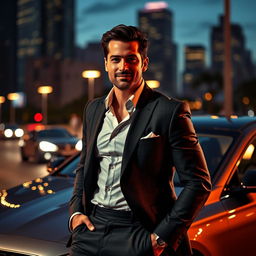 A visually striking portrayal of a confident man exuding charisma and charm, dressed in a sleek, tailored suit that accentuates his physique