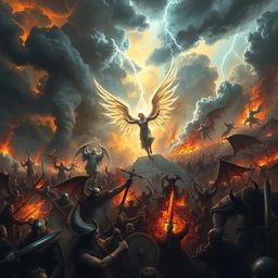 A dramatic and intense scene depicting the War of Armageddon