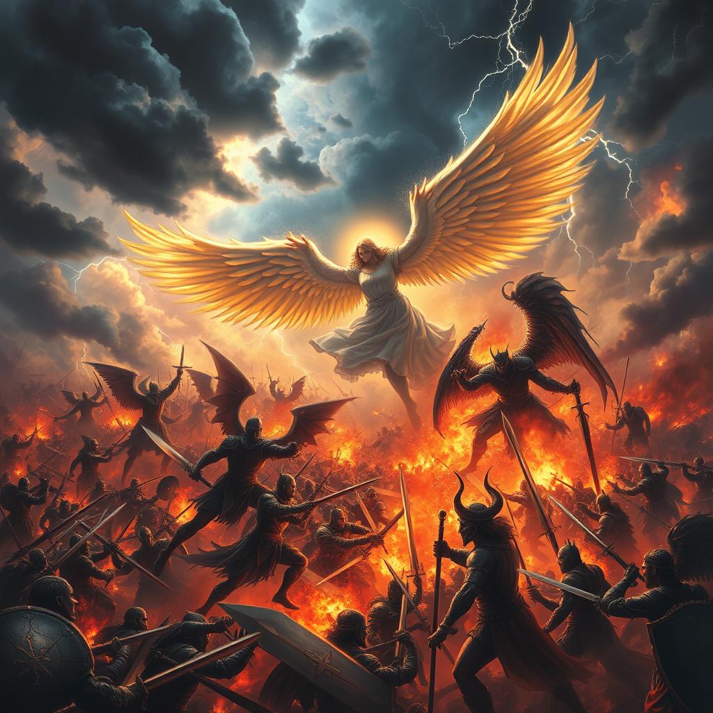 A dramatic and intense scene depicting the War of Armageddon