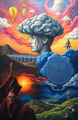 An artistic representation of various psychological disorders, visually depicted through symbolic imagery