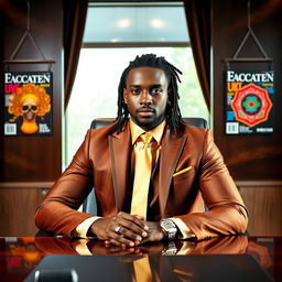 A handsome black man with neatly pulled back dreadlocks, dressed in a stylish brown and gold suit paired with a gold straight tie, confidently seated at an elegant executive desk