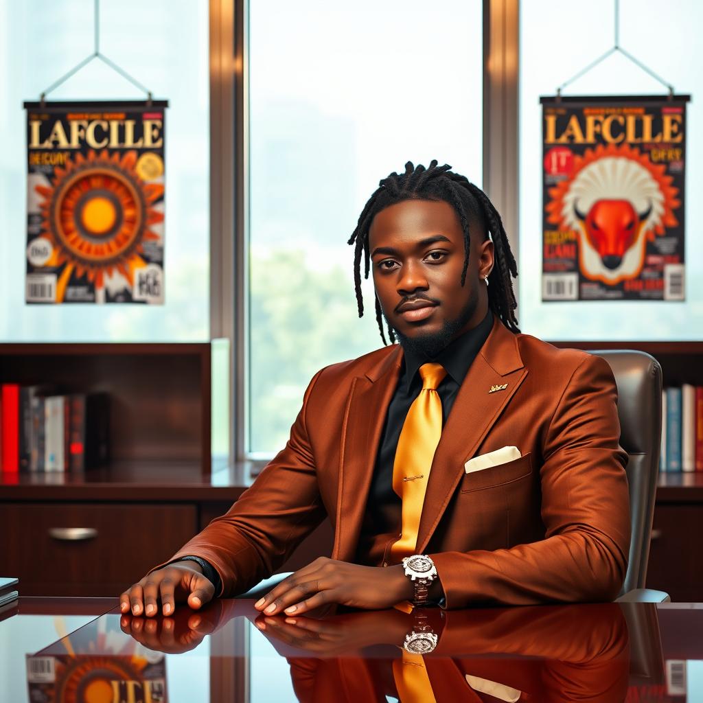 A handsome black man with neatly pulled back dreadlocks, dressed in a stylish brown and gold suit paired with a gold straight tie, confidently seated at an elegant executive desk