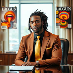 A handsome black man with neatly pulled back dreadlocks, dressed in a stylish brown and gold suit paired with a gold straight tie, confidently seated at an elegant executive desk