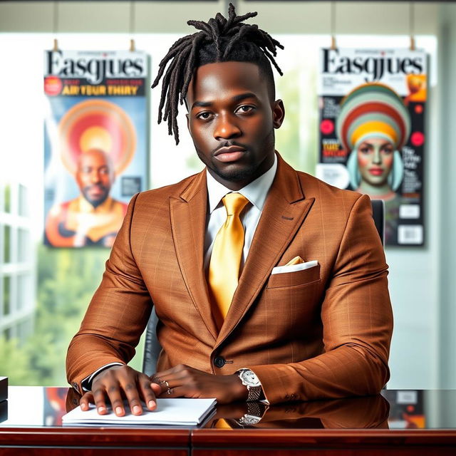 A handsome black man with neatly pulled back dreadlocks, dressed in a stylish brown and gold suit paired with a gold straight tie, confidently seated at an elegant executive desk