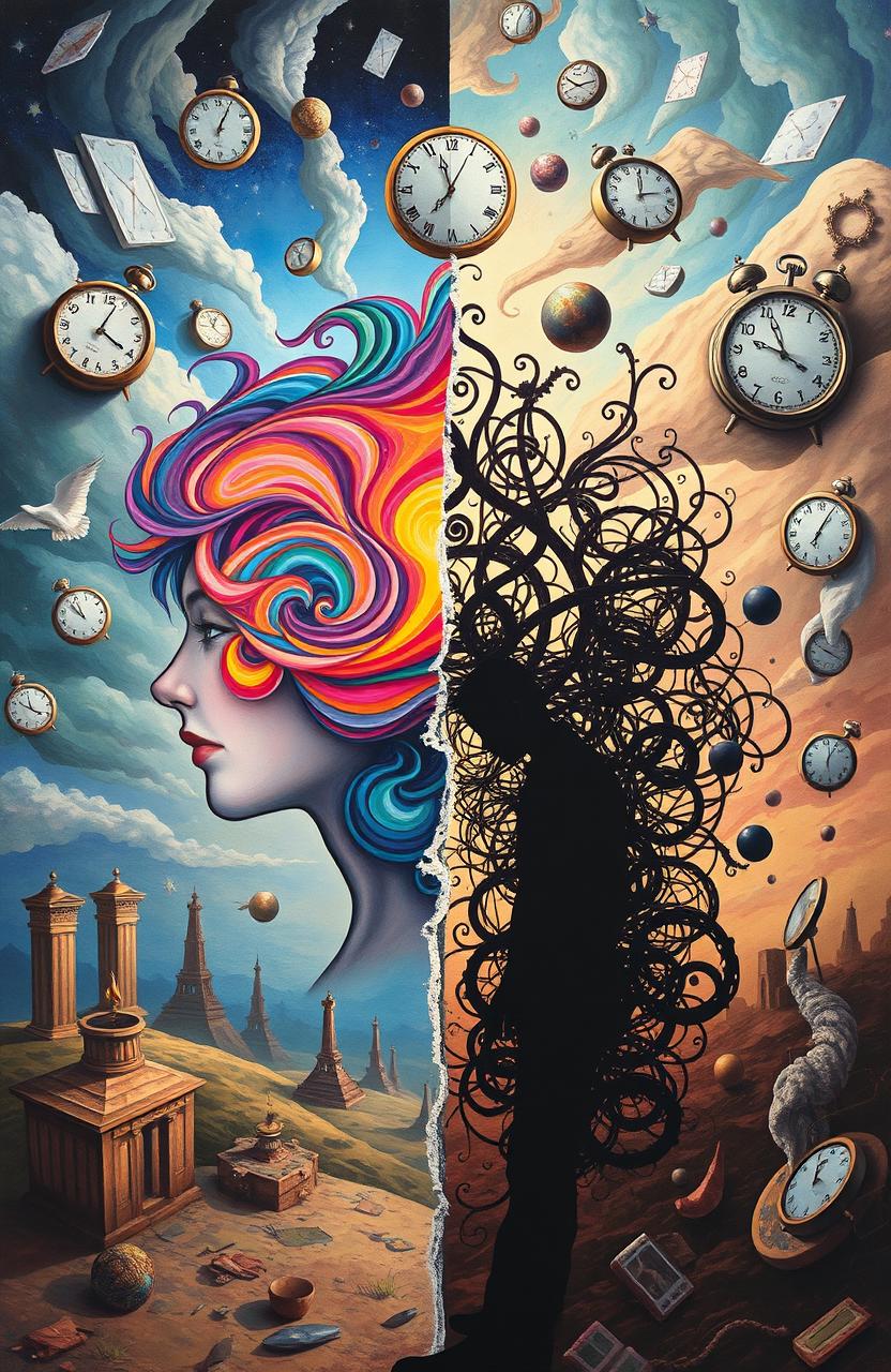 An artistic representation of abnormal psychology, showcasing a diverse range of psychological conditions through vivid illustrations
