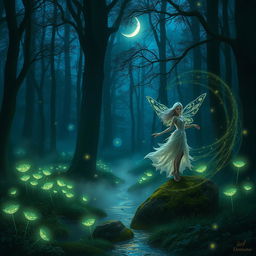 A mystical forest scene during twilight, with towering trees and bioluminescent plants glowing softly in shades of blue and green