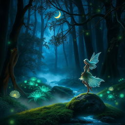 A mystical forest scene during twilight, with towering trees and bioluminescent plants glowing softly in shades of blue and green